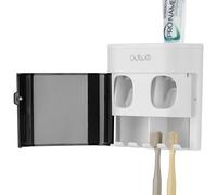 Linkidea Portaspazzolino con 2 spremi dentifricio, 4 scomparti, in plastica, per doccia e bagno, dispenser per montaggio a parete, compatibile con Oral-B CrossAction, Colgate Extra Clean
