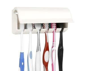 Linkidea Portaspazzolino da parete con coperchio per doccia, organizer per mobiletto camper, supporto adesivo in plastica a 6 scomparti, compatibile con Oral-B CrossAction e Colgate Extra Clean