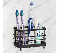 Linkidea Portaspazzolino da parete, supporto per spazzolino elettrico antiscivolo, organizer per dentifricio, 7 scomparti multifunzione per rasoio, rasoio, pettine (nero)