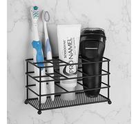 Linkidea Portaspazzolino ventilato da parete, portaspazzolino elettrico antiscivolo, organizer per dentifricio, 7 scomparti multifunzionali per rasoio, rasoio elettrico, pettine (nero)