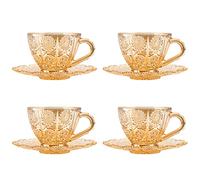 Linkidea Set di 4 tazze da tè in vetro con piattini, tazze da caffè vintage da 6 once, bicchieri con fiori in rilievo e piattino, tazze da tè in vetro per adulti per tea party, famiglia, amici (Ambra)