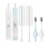 Linkidea Tubo portatile integrato 2 in 1, contenitore per dentifricio ricaricabile, kit da viaggio pieghevole con 2 testine di ricambio e 2 spazzole per la pulizia (blu, bianco)
