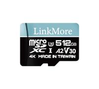 LinkMore 512 GB Micro SD Lite card, A2, UHS-I, U3, V30, Class 10 compatibile, max sequential read up to 100 MB/s, max sequential write up to 85 MB/s, SD adapter included