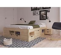 Inter Link Letto matrimoniale Letto Multifunzione Letto con contenitore Letto funzionale Con comodini 6 cassetti 8 nicchie Legno massiccio Con 2 molle Naturale Claas 160 x 200 cm