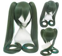 LINLINCD Anime Vocaloid Hatsune Miku Parrucca Nero Gonna Shooter Senbon Zakura Cosplay Parrucca Lungo Sintetica Chip Capelli Code di Cavallo + Parrucca Verde Ombre