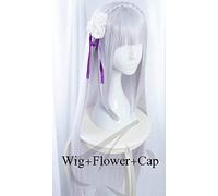 LINLINCD Cosplay wig 100 cm argento viola Re: vita in un mondo diverso da Zero Emilia resistente al calore parrucca Cosplay parrucca+parrucca cappuccio e fiore