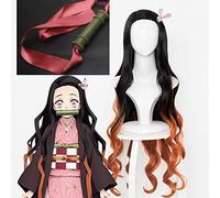 LINLINCD Cosplay wig demone uccisore Kimetsu no Yaiba Kamado Nezuko Cosplay parrucca sintetica resistente al calore+cappuccio parrucca puntelli di bambù sigillo stick parrucca e bastone 2