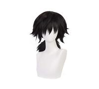 LINLINCD Cosplay wig demoni uccisione cosplay kimetsu no yaiba tomioka giyuu parrucca nera coda di cavallo costume uomo donna parrucche sintetiche resistenti al calore arancione