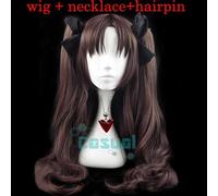 LINLINCD Cosplay wig destino/notte soggiorno Rin Tohsaka coda di cavallo marrone, lunghezza 80 cm, ondulati resistenti al calore, costume per cosplay e collana di rubino+4 forcine per capelli