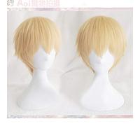 LINLINCD Cosplay wig gioco destino/notte soggiorno Zero Gilgamesh Cosplay parrucche corte bionda dorata parrucche sintetiche resistenti al calore+cappuccio libero parrucca