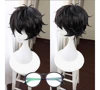 LINLINCD Cosplay wig gioco Persona 5 P5 eroe Kurusu Akira parrucca nera corta parrucca nera resistente al calore Cosplay capelli parrucche+parrucca gratuita Cap parrucca e occhiali