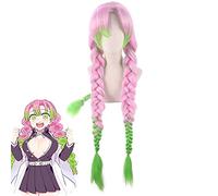 LINLINCD Cosplay wig Kanroji Mitsuri Cosplay Parrucca Anime Demoni Uccidere: Kimetsu No Yaiba Donne Verde Rosa Trecce Dei Capelli+Libero Parrucca Cap 594