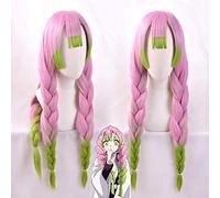 LINLINCD Cosplay wig lama dell'uccisore demone Kanroji Mitsuri Cosplay parrucca gradiente capelli kimetsu no yaiba rosa misto verde parrucche intrecciate+cappuccio parrucca