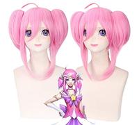 LINLINCD Cosplay wig LOL Star Guardian Lux 50 cm Cosplay Parrucche per donne di media lunghezza diritta con due clip a coda di cavallo rosa