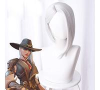 LINLINCD Cosplay wig Overwatch Ashe Cosplay Parrucca 30 cm capelli sintetici corti dritti resistenti al calore OW gioco Parrucca per feste costume bianco argento Ashe