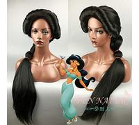 LINLINCD Cosplay wig principessa Jasmine Cosplay parrucca nera capelli lunghi Aladdin e la Magic Lamp gioco di ruolo Halloween capelli intrecciati+berretto parrucca