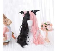 LINLINCD Parrucca Cosplay wig Lolita 60 cm Long Wavy Black Mixed Pink Ombre Bangs dolce parrucca sintetica resistente al calore + cappuccio parrucca