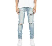 LinLinYang Pantaloni Jeans Jeans Pantaloni Strappati Foro Strappato Street Trendy Elastico Aderente Vestibilità Lavata Blu Terra Bianco Gamba Piccola per Uomo, Azzurro, 34-36