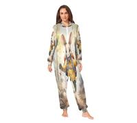 LINNIKEEEE Bambini Acquerello Coniglio Carino Pigiama Intero con Cappuccio,Costume da Casa Tuta per Uomo Donna