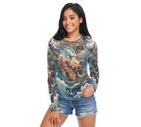 LINNIKEEEE Bel Tatuaggio del Drago Blu T-Shirt Sexy da Donna Camicia A Rete A Maniche Lunghe Camicetta Trasparente in Seta Ghiacciata