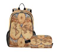 LINNIKEEEE Bussola Storica Della Mappa Del Mondo Set Zaino per Studenti Borsa per Il Pranzo,Borsa Scuola Leggera Resistente per Ragazzi Ragazze