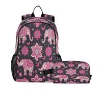 LINNIKEEEE Cartone Animato Elefante Indiano Set Zaino per Studenti Borsa per Il Pranzo,Borsa Scuola Leggera Resistente per Ragazzi Ragazze