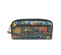 LINNIKEEEE Città Dei Cartoni Animati Art Astuccio in Pelle Astuccio Portapenne Borsa Porta Matite per Trucco Organizer per Ragazzi Ragazze