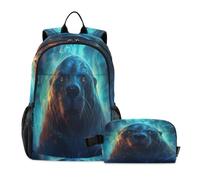 LINNIKEEEE Cool Leone Marino Blu Set Zaino per Studenti Borsa per Il Pranzo,Borsa Scuola Leggera Resistente per Ragazzi Ragazze