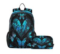LINNIKEEEE Farfalle Blu Cuori Scuri Set Zaino per Studenti Borsa per Il Pranzo,Borsa Scuola Leggera Resistente per Ragazzi Ragazze
