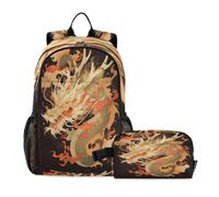 LINNIKEEEE Fiamme Del Fuoco Drago D'oro Set Zaino per Studenti Borsa per Il Pranzo,Borsa Scuola Leggera Resistente per Ragazzi Ragazze