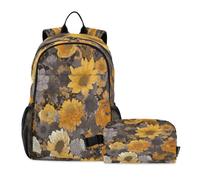 LINNIKEEEE Fiore Dorato Giallo Set Zaino per Studenti Borsa per Il Pranzo,Borsa Scuola Leggera Resistente per Ragazzi Ragazze