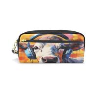 LINNIKEEEE Mucca Acquerello Con Musica Fantastica Astuccio in Pelle Astuccio Portapenne Borsa Porta Matite per Trucco Organizer per Ragazzi Ragazze