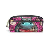 LINNIKEEEE Scarabocchiare L'Ippopotamo Dei Cartoni Animati Astuccio in Pelle Astuccio Portapenne Borsa Porta Matite per Trucco Organizer per Ragazzi Ragazze