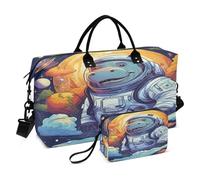LINNIKEEEE Simpatico Animale Astronauta Ippopotamo Borsone da Viaggio Borsa da Palestra Borsa da Weekend con Borsa da Toilette per Ragazze Uomin