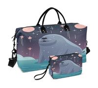 LINNIKEEEE Simpatico Tricheco Divertente Cartone Animato Borsone da Viaggio Borsa da Palestra Borsa da Weekend con Borsa da Toilette per Ragazze Uomin