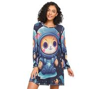Linnyio Animali Astronauta Gatti Camicie da Notte da Donna Pigiami A Maniche Lunghe Morbide Camicie da Notte Abbigliamento da Notte