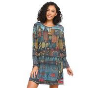 Linnyio Arte della Città dei Cartoni Animati Camicie da Notte da Donna Pigiami A Maniche Lunghe Morbide Camicie da Notte Abbigliamento da Notte