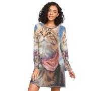 Linnyio Arte Dell'acquerello Gatto Carino Camicie da Notte da Donna Pigiami A Maniche Lunghe Morbide Camicie da Notte Abbigliamento da Notte