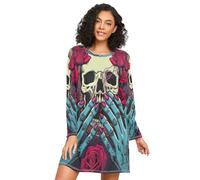 Linnyio Arte Dell'acquerello Teschio Rosa Camicie da Notte da Donna Pigiami A Maniche Lunghe Morbide Camicie da Notte Abbigliamento da Notte