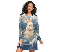 Linnyio Carino Coniglietto Blu Luna Camicie da Notte da Donna Pigiami A Maniche Lunghe Morbide Camicie da Notte Abbigliamento da Notte