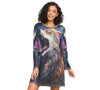 Linnyio Lupo Colorato Che Ulula Camicie da Notte da Donna Pigiami A Maniche Lunghe Morbide Camicie da Notte Abbigliamento da Notte