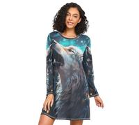 Linnyio Lupo Freddo Blu Che Ulula Camicie da Notte da Donna Pigiami A Maniche Lunghe Morbide Camicie da Notte Abbigliamento da Notte