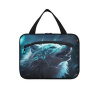 Linnyio Lupo Spaziale Blu Borsa da Trucco Cosmetica Viaggio Sospesa Borsa da Trucco Pieghevole di Grande Capacità per Il Bagno Delle Donne Delle