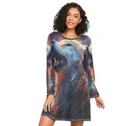 Linnyio Lupo Spaziale Ululato Camicie da Notte da Donna Pigiami A Maniche Lunghe Morbide Camicie da Notte Abbigliamento da Notte