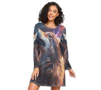 Linnyio Lupo Spaziale Ululato Camicie da Notte da Donna Pigiami A Maniche Lunghe Morbide Camicie da Notte Abbigliamento da Notte