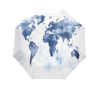 Linnyio Mappa Del Mondo Acquerello Blu Astratto Artistico Ombrello Automatico Pieghevole con Protezione UV,Ombrello da Viaggio per Bambini e Bambine