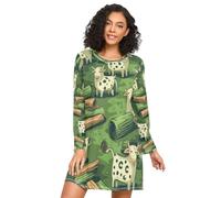 Linnyio Mucche Verdi dei Cartoni Animati Camicie da Notte da Donna Pigiami A Maniche Lunghe Morbide Camicie da Notte Abbigliamento da Notte