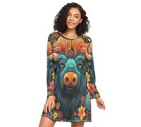 Linnyio Opera d'Arte Ad Acquerello Bisonte Camicie da Notte da Donna Pigiami A Maniche Lunghe Morbide Camicie da Notte Abbigliamento da Notte