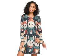 Linnyio Simpatici Gatti Animali di Natale Camicie da Notte da Donna Pigiami A Maniche Lunghe Morbide Camicie da Notte Abbigliamento da Notte