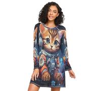 Linnyio Simpatici Gatti Spaziali Camicie da Notte da Donna Pigiami A Maniche Lunghe Morbide Camicie da Notte Abbigliamento da Notte